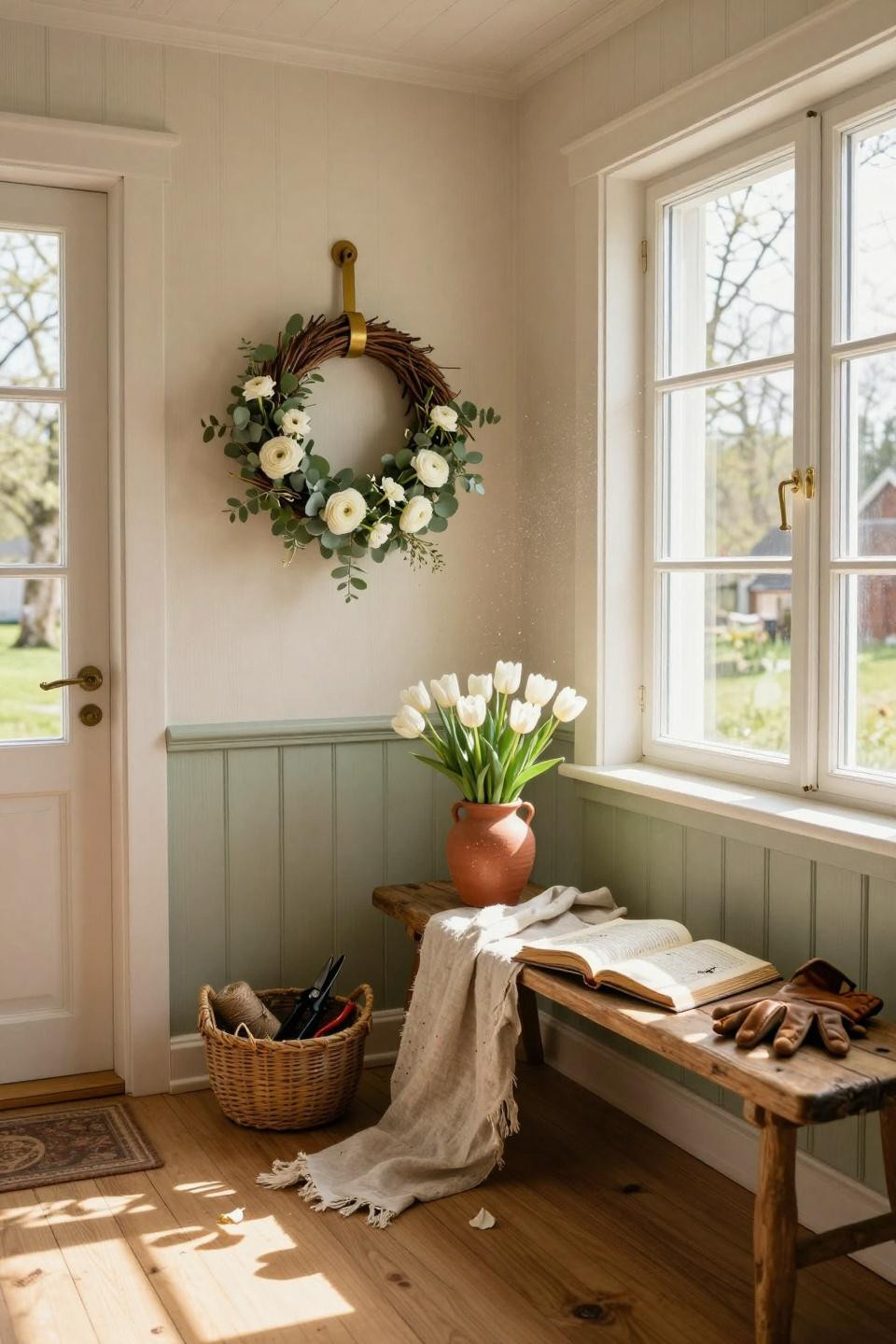 spring door hangers - eucalyptus wreath on vintage brass hook