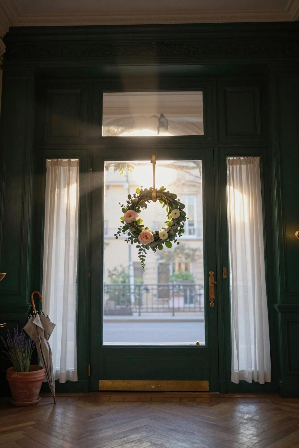 spring door hangers - elegant brass wreath hanger on forest green door