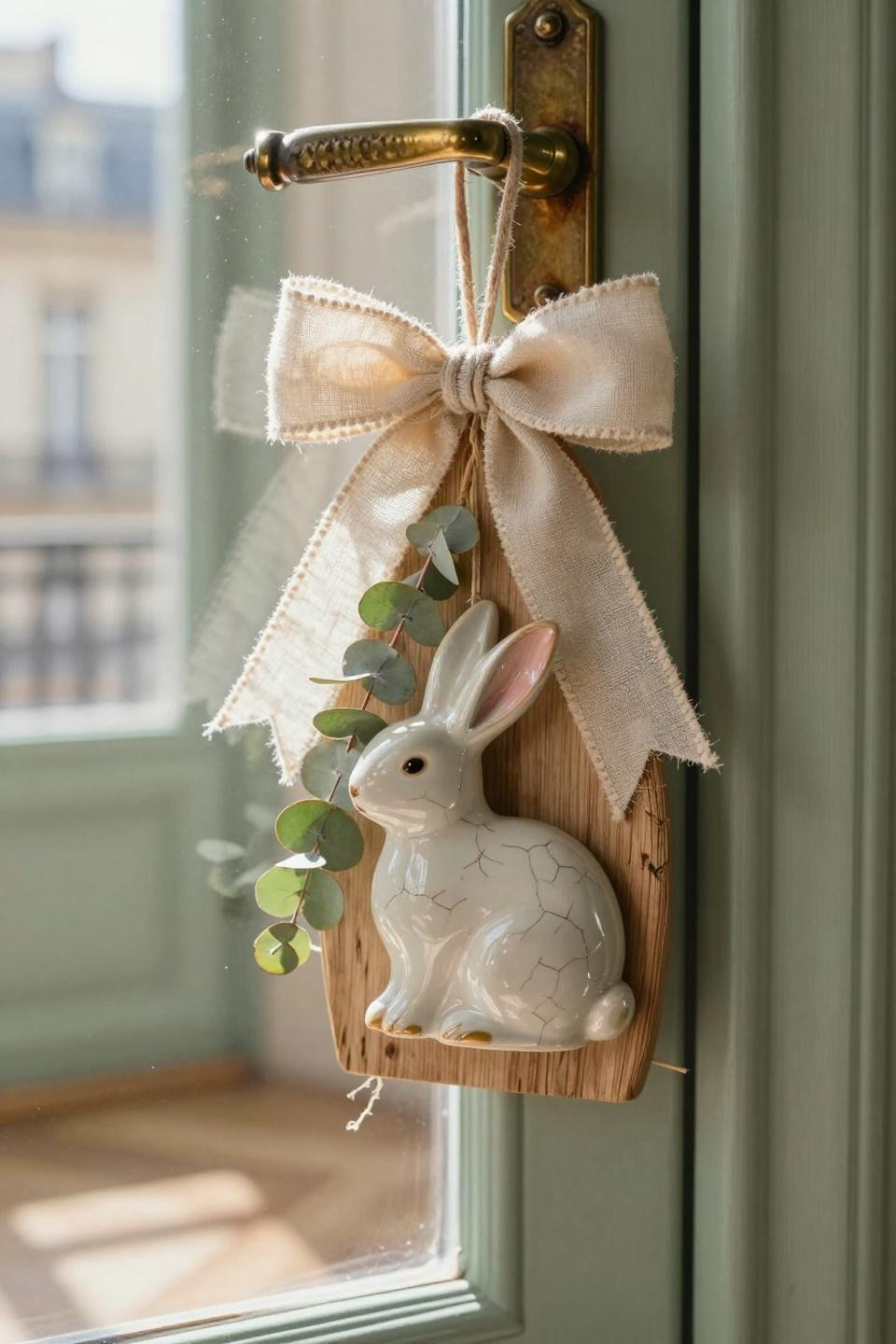 spring door hangers - layered linen bow with ceramic bunny accent