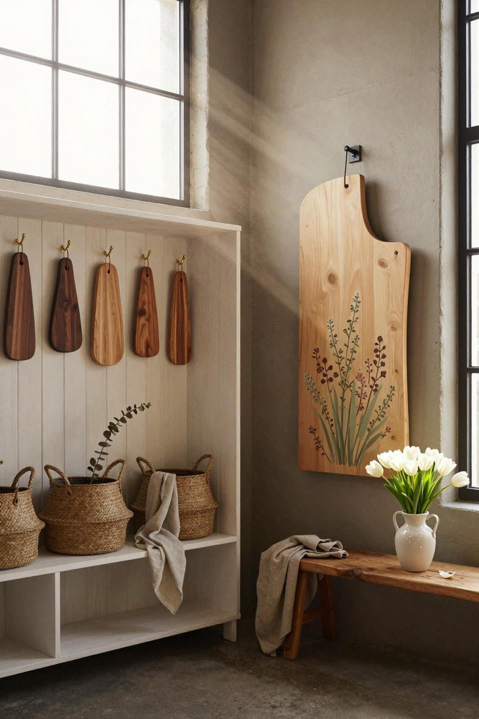 spring door hangers - open shelving display of artisan wood hangers
