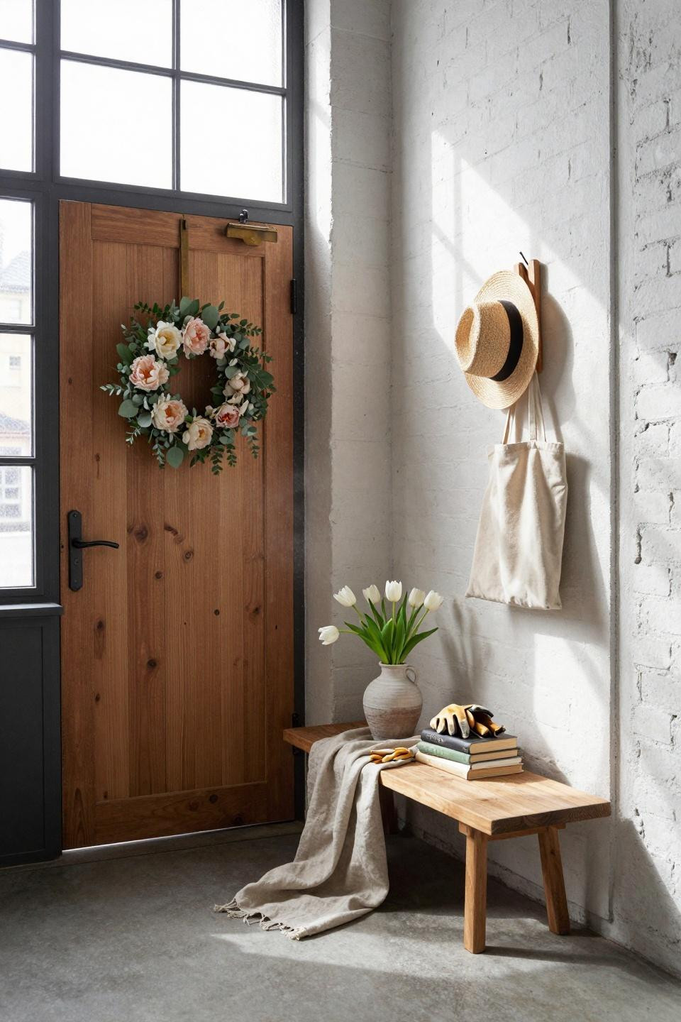 spring door hangers - industrial loft entry with aged brass hanger