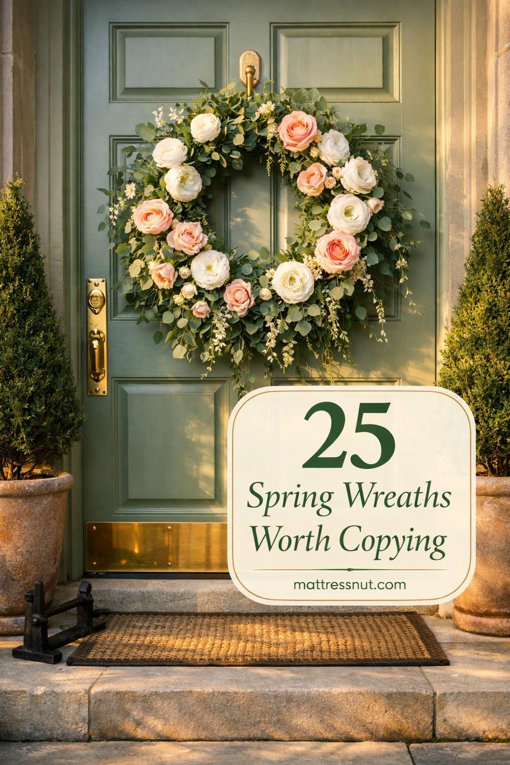 Colorful spring door hangers featuring pastel flowers, greenery ribbons, and seasonal decorations arranged on white door