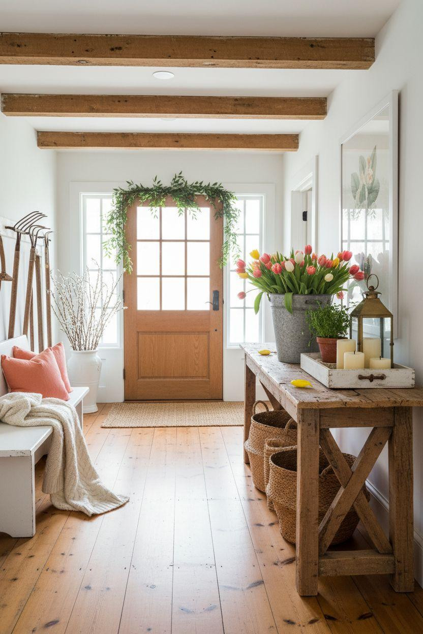 Spring decorating ideas for the home - entryway with coral and yellow tulips