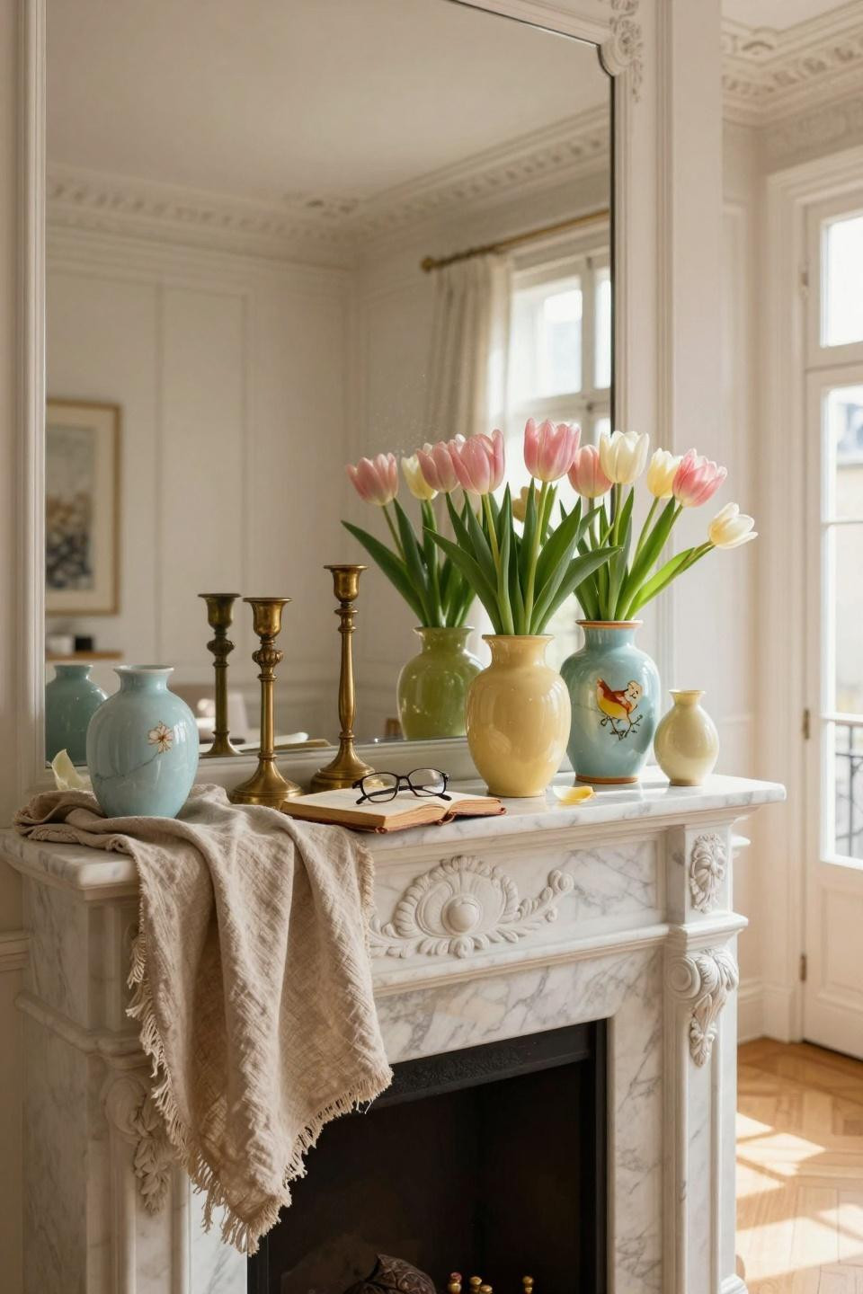 Spring Mantel Decorating Ideas - colorful spring display