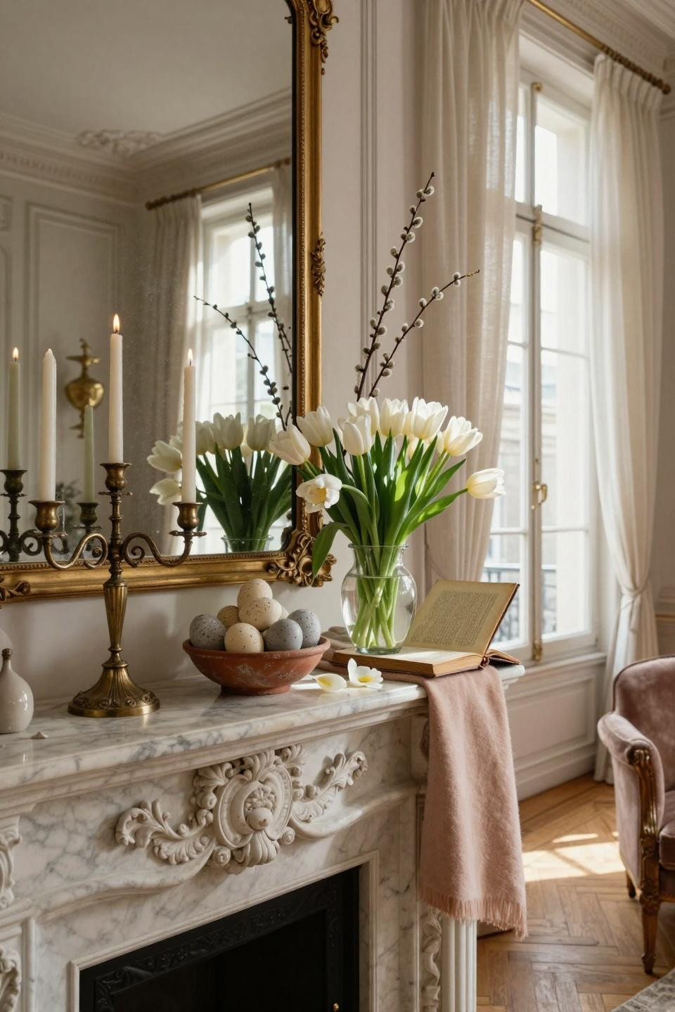 Spring Mantel Decorating Ideas - elegant Easter display