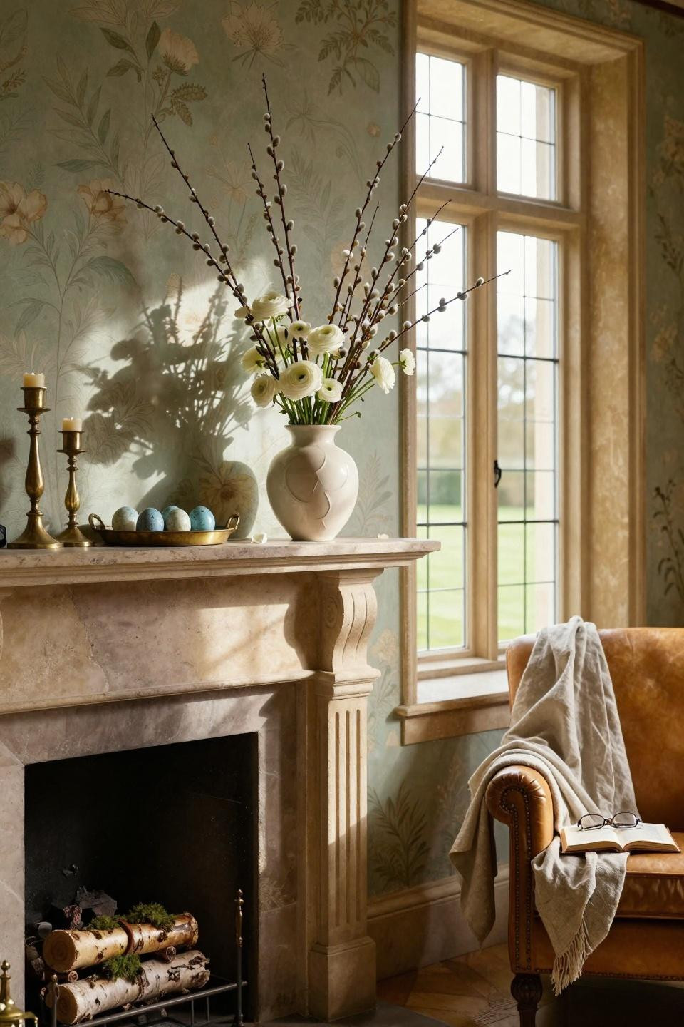 Spring Mantel Decorating Ideas - English manor Easter display