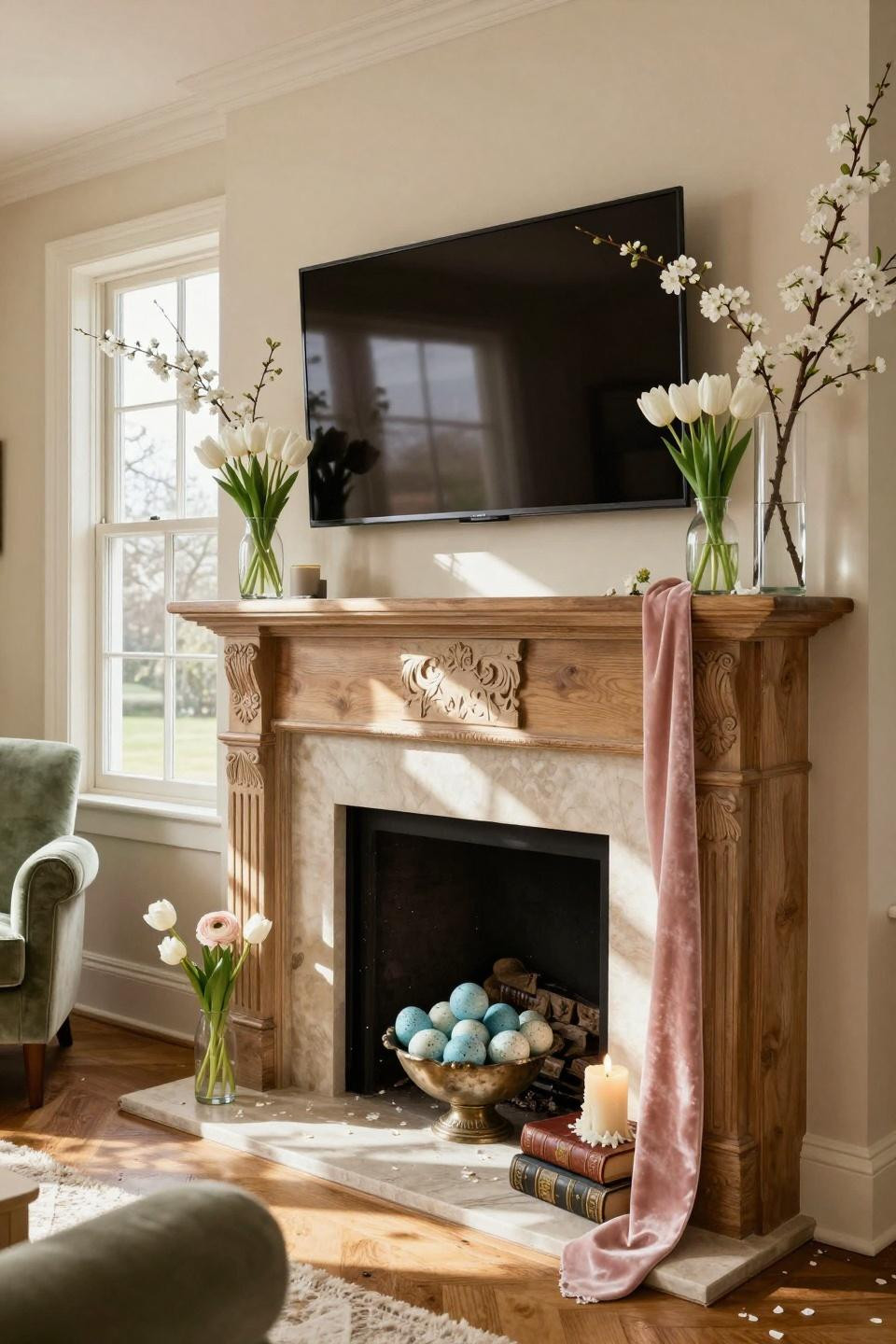 Spring Mantel Decorating Ideas - TV styling solution