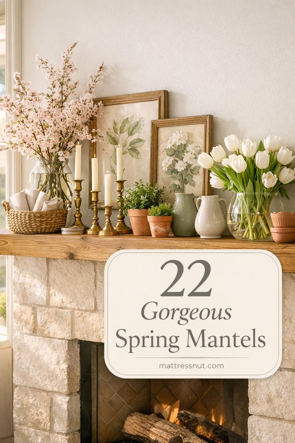 Fireplace mantel decorated with pastel flowers, greenery garlands, white candles, and seasonal spring accents