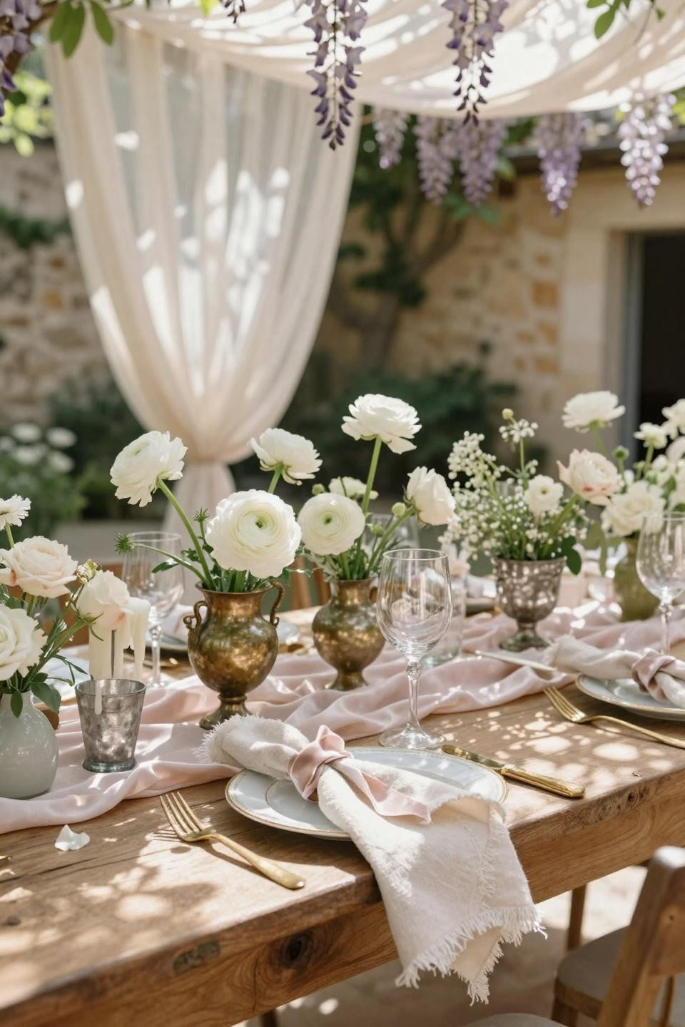 Spring Wedding Tablescapes - provence stone manor with silk runners