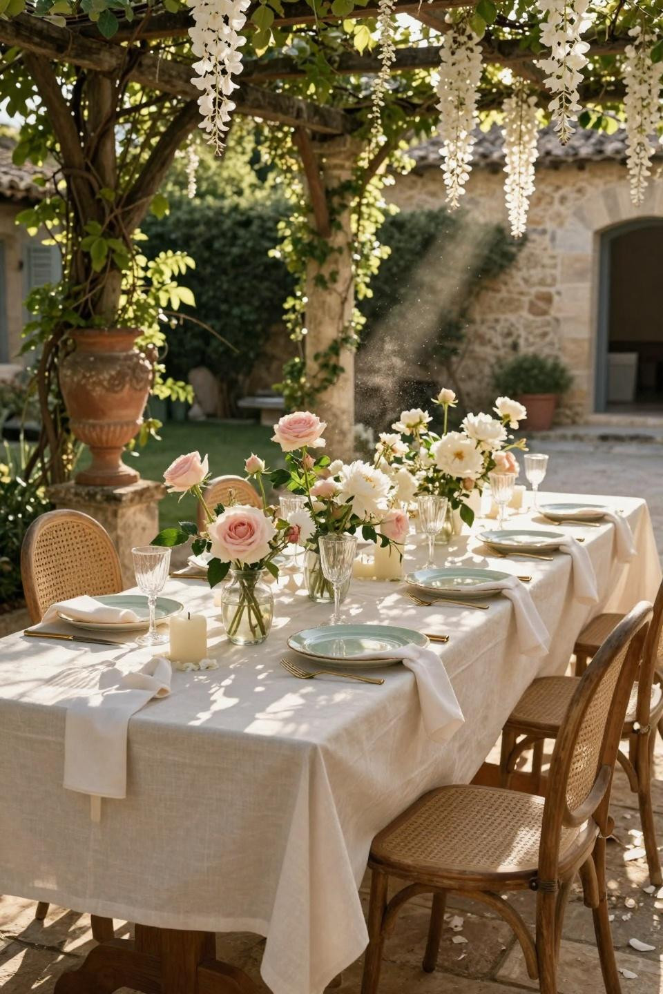 Spring Wedding Tablescapes - courtyard with wisteria overhead