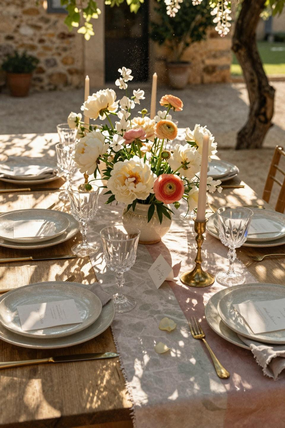 Spring Wedding Tablescapes - provence stone courtyard with wisteria