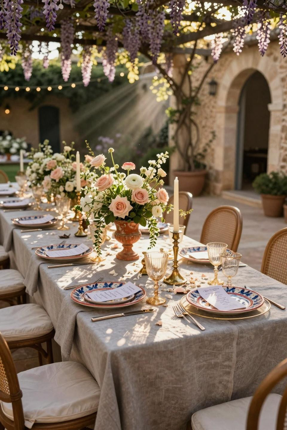 Spring Wedding Tablescapes - provence courtyard with wisteria pergola