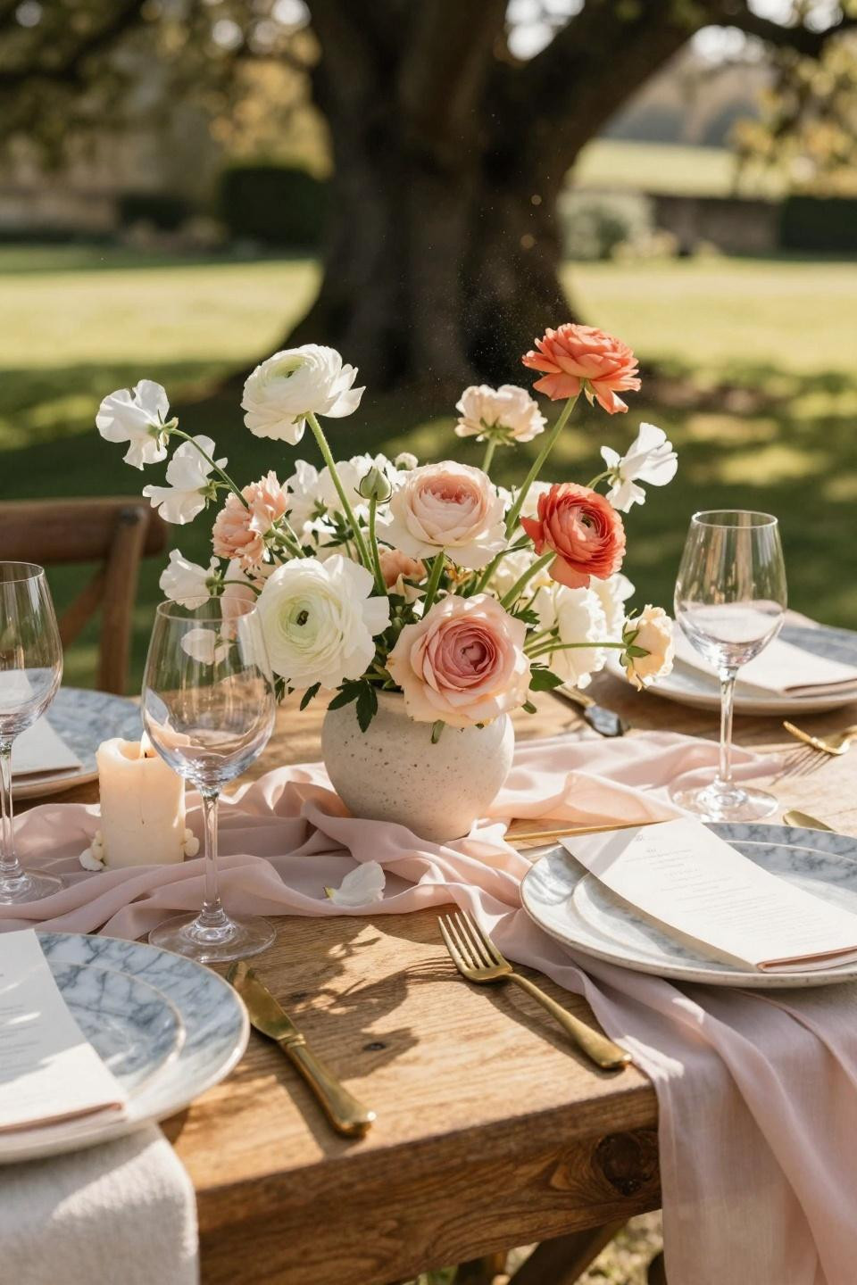 Spring Wedding Tablescapes - cotswolds manor with golden hour lighting