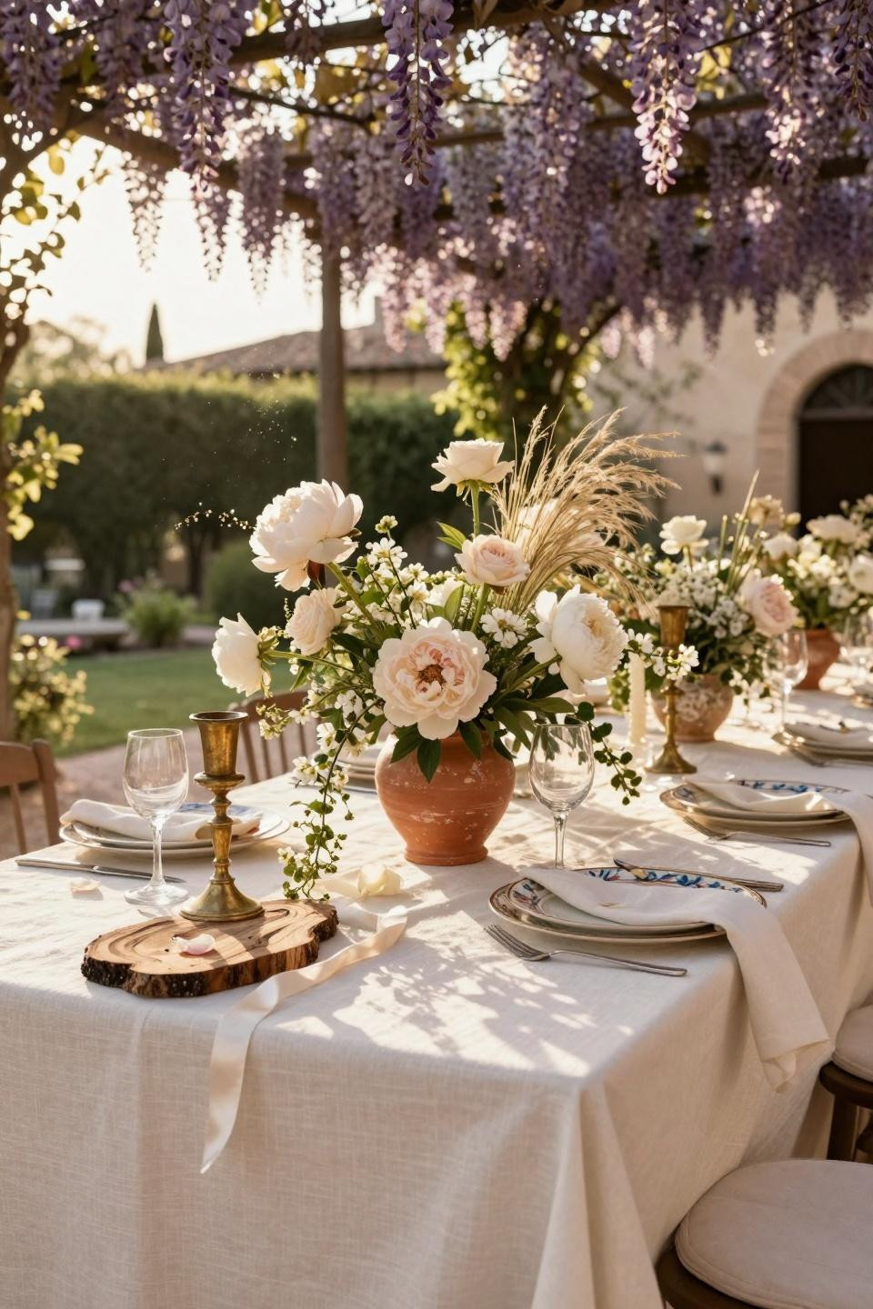 Spring Wedding Tablescapes - tuscan villa with purple wisteria