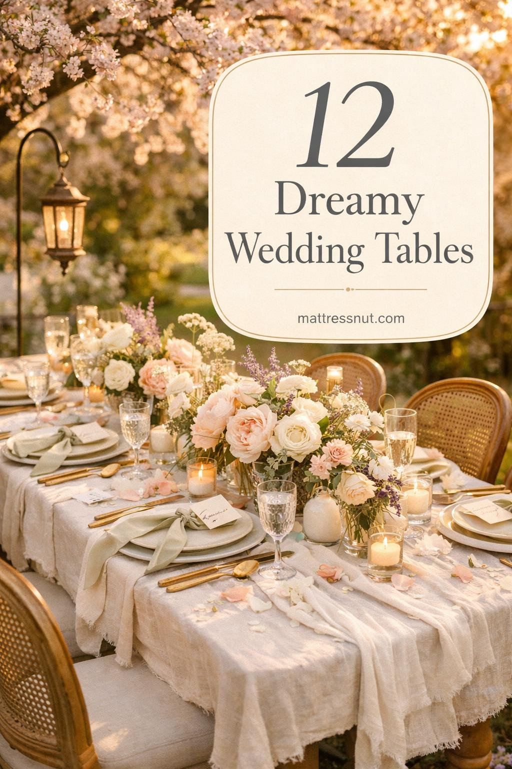 Elegant outdoor wedding table settings featuring pastel florals, vintage china, natural linens, and romantic garden decor