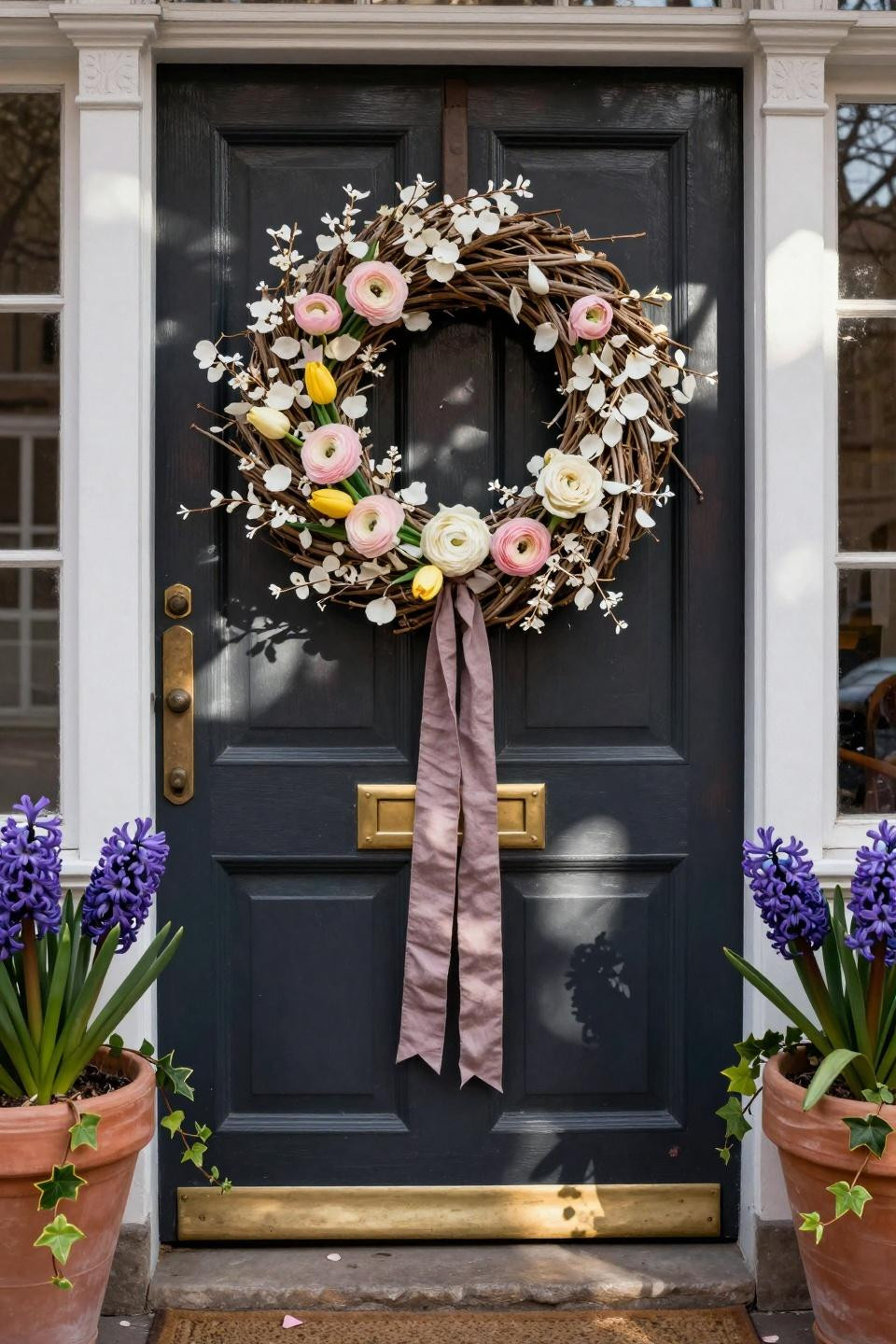 spring wreath for front door on charcoal door with yellow and pink flowers