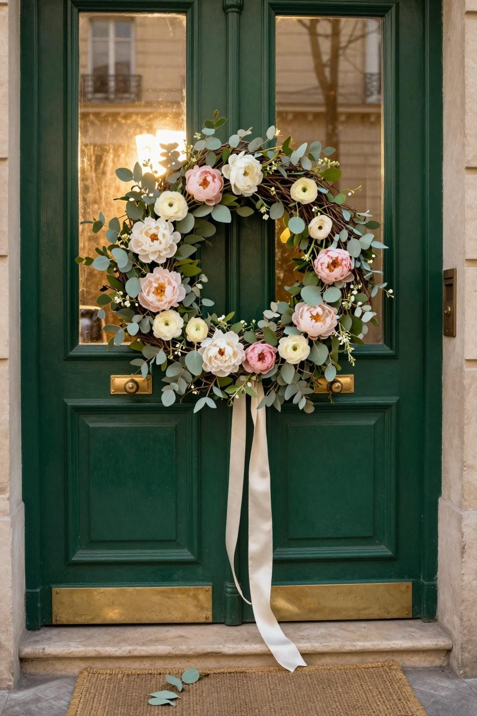 spring wreath for front door with large peonies on green door