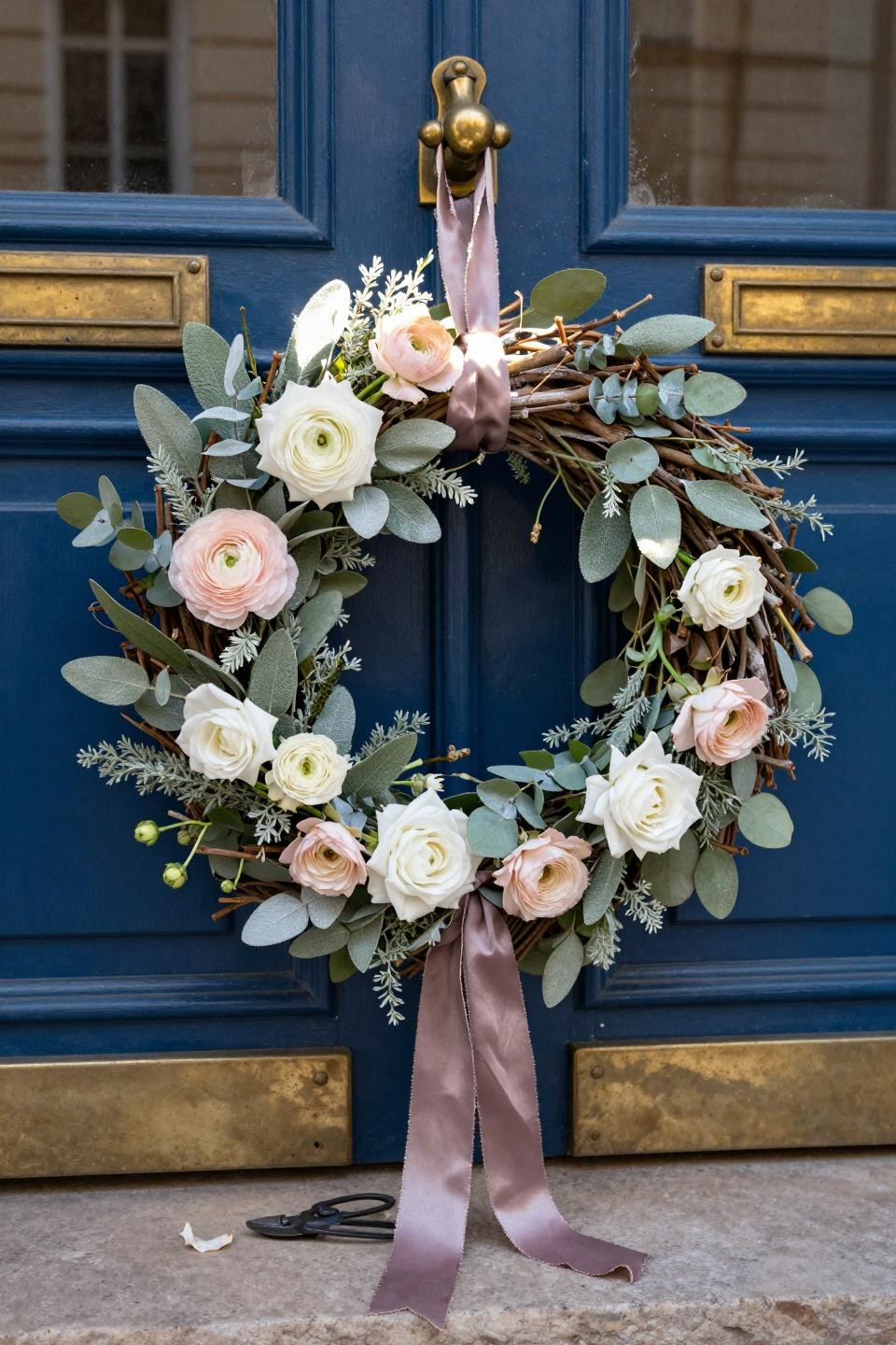 spring wreath for front door close up with brass hardware