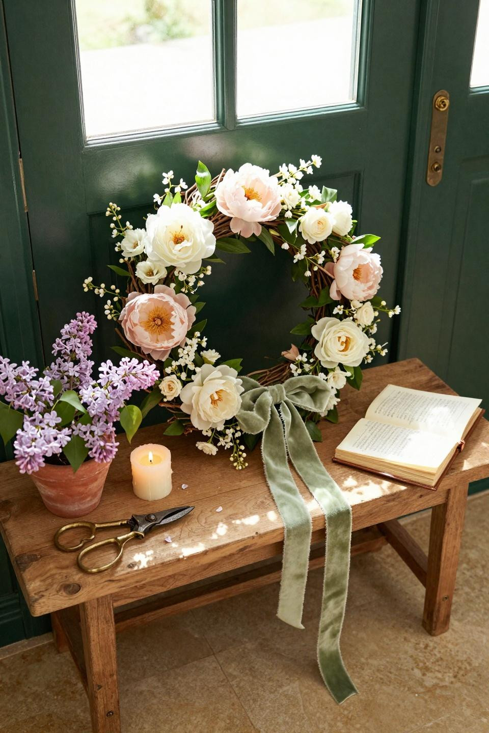 spring wreath for front door styled on console table