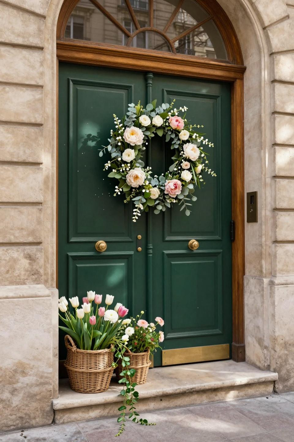 spring wreath for front door with wicker baskets on green door