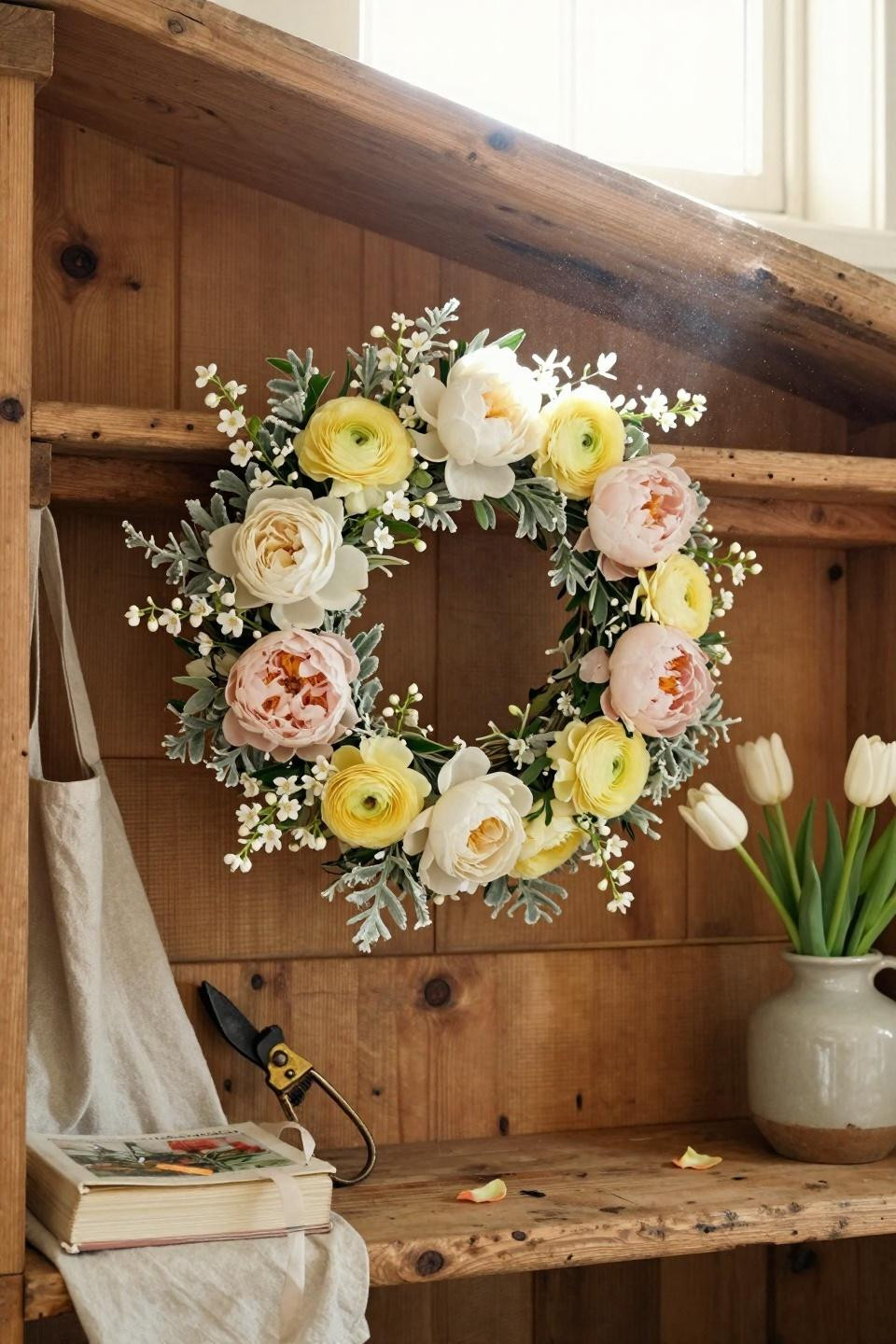 spring wreath for front door with yellow ranunculus on wooden shelves