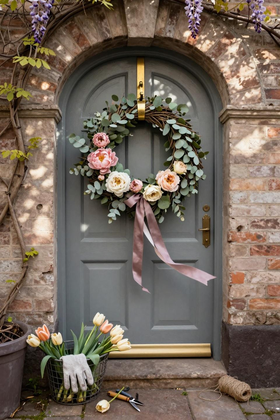 spring wreath for front door with climbing wisteria shadows