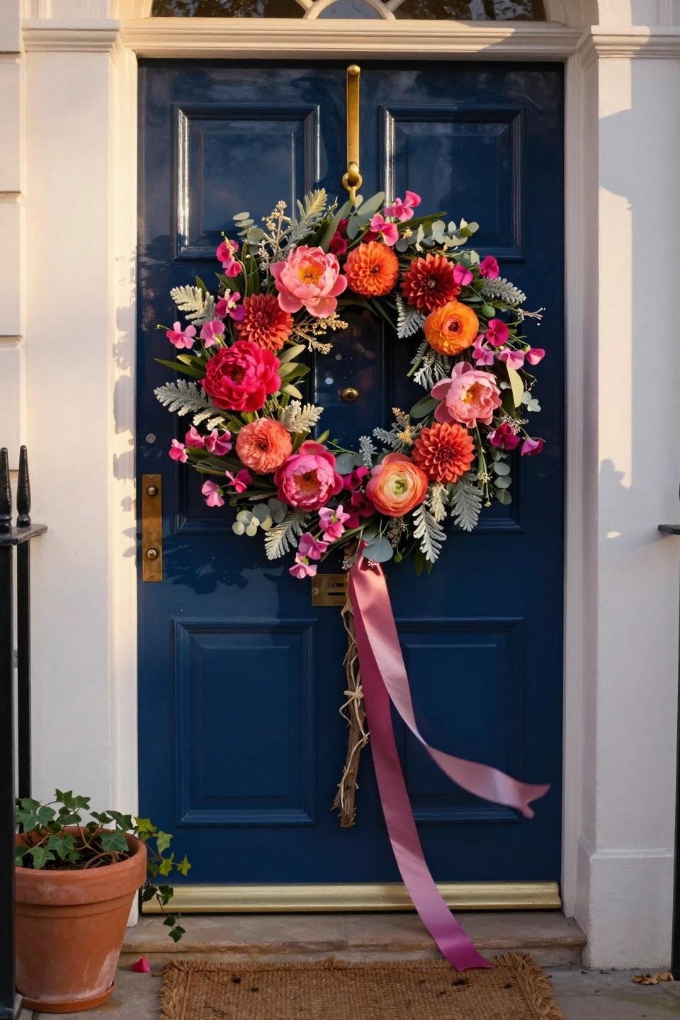 spring wreath for front door with bold fuchsia and coral flowers