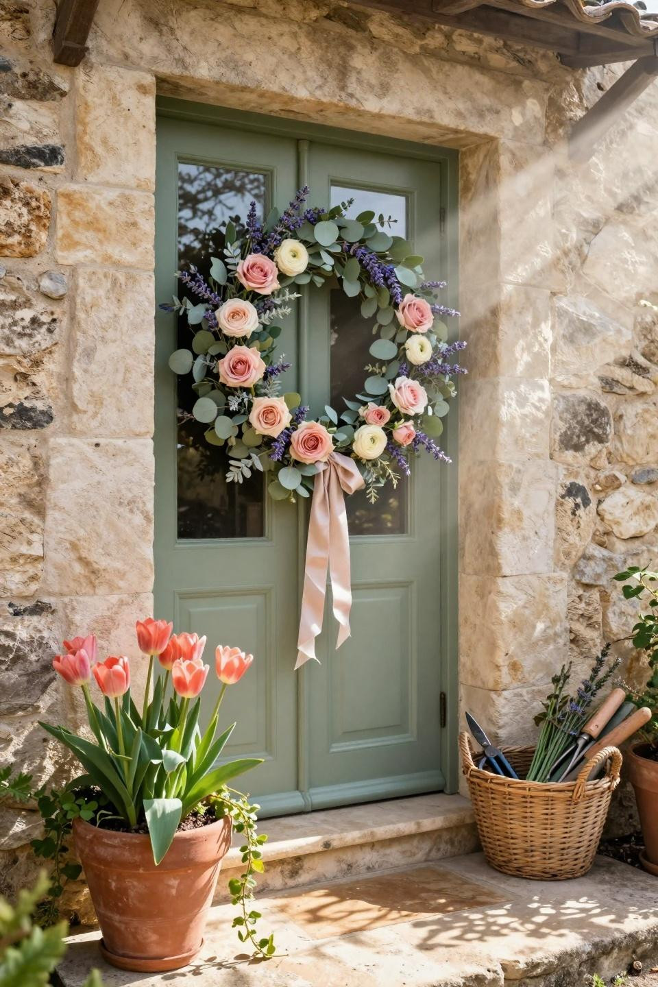 spring wreath for front door with terracotta planters and coral tulips