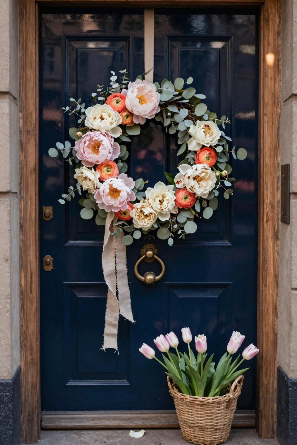 spring wreath for front door on navy blue with coral peonies