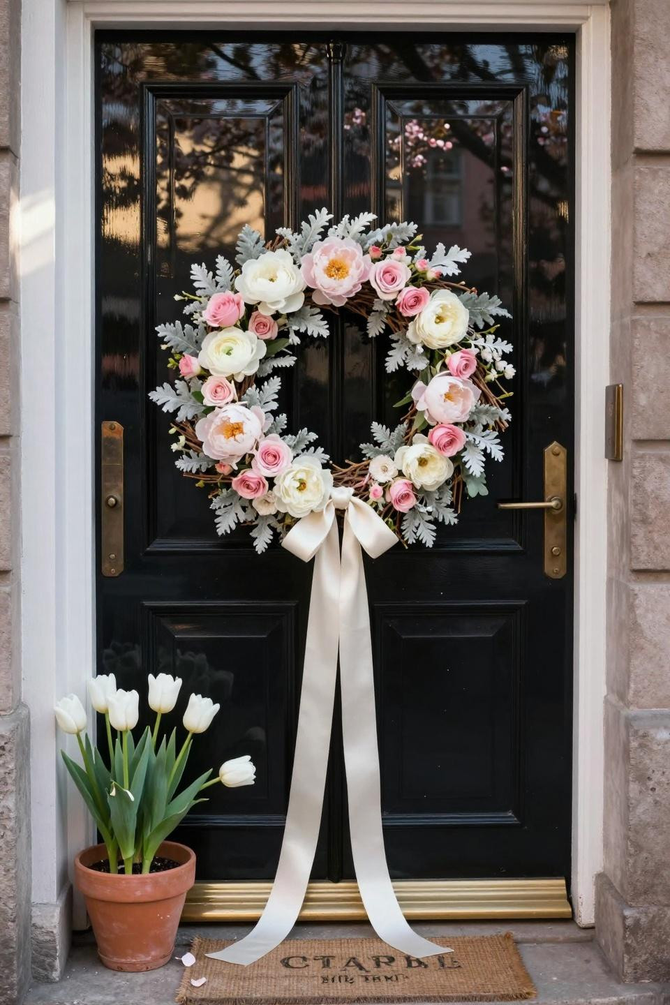 spring wreath for front door on black lacquer with pastel flowers