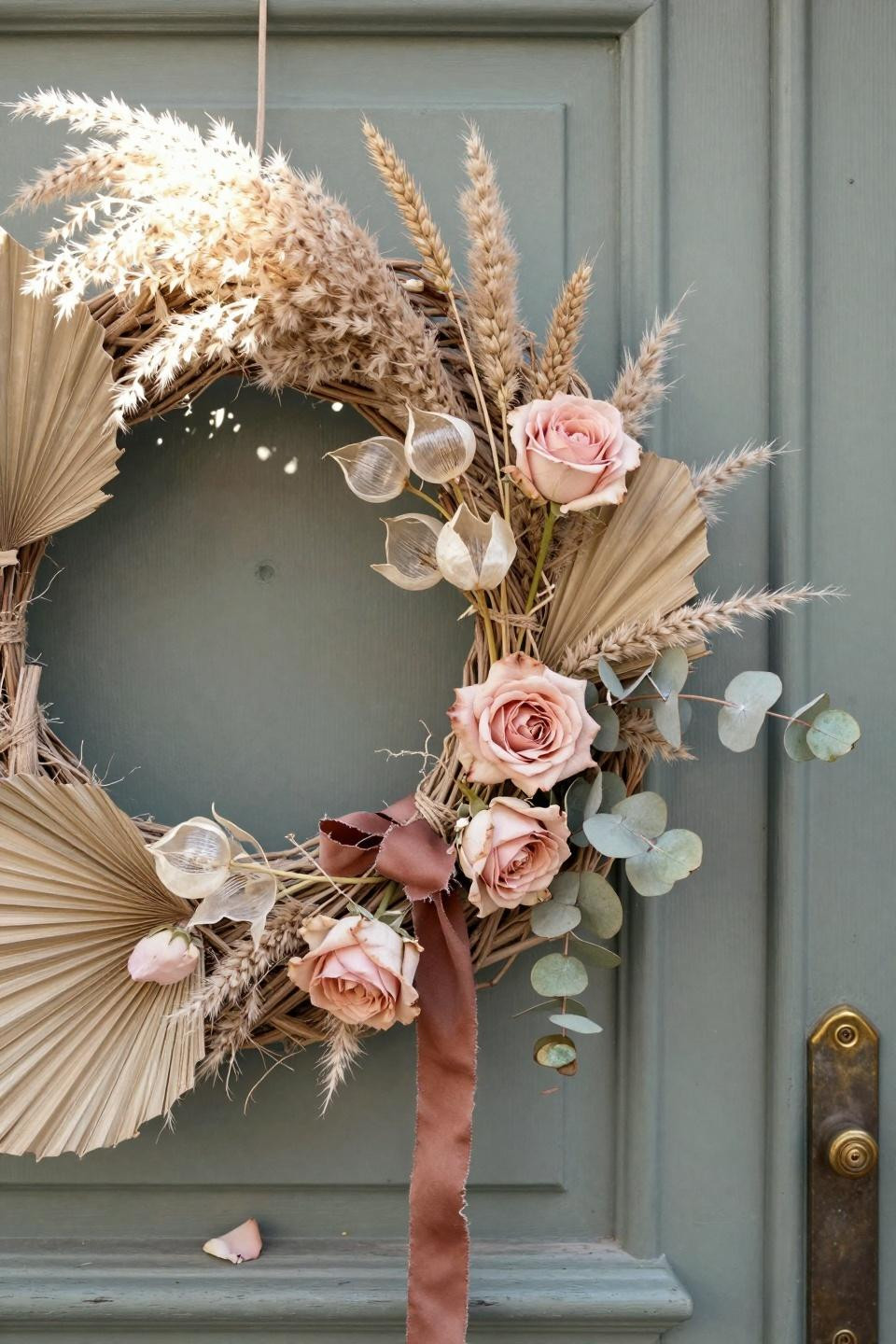 spring wreath for front door with dried pampas and boho style