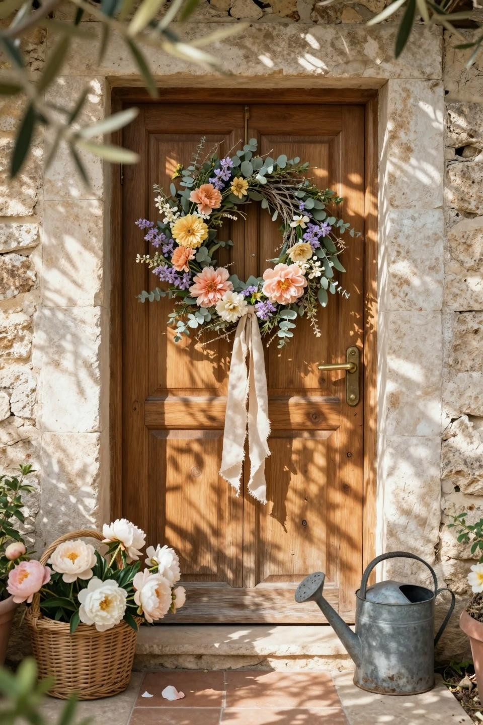 spring wreath for front door with wildflower clusters on oak door