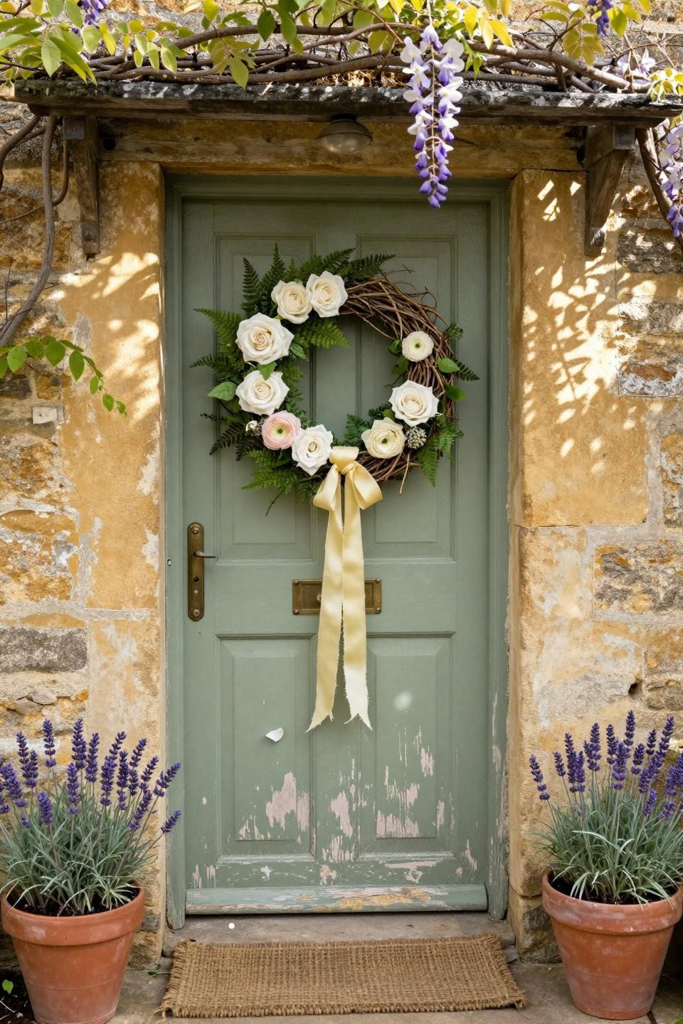 spring wreath for front door on sage painted wood with ferns