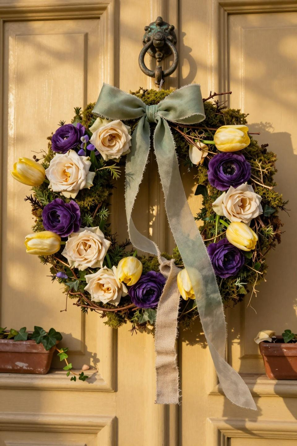 spring wreath for front door on butter yellow with cream roses