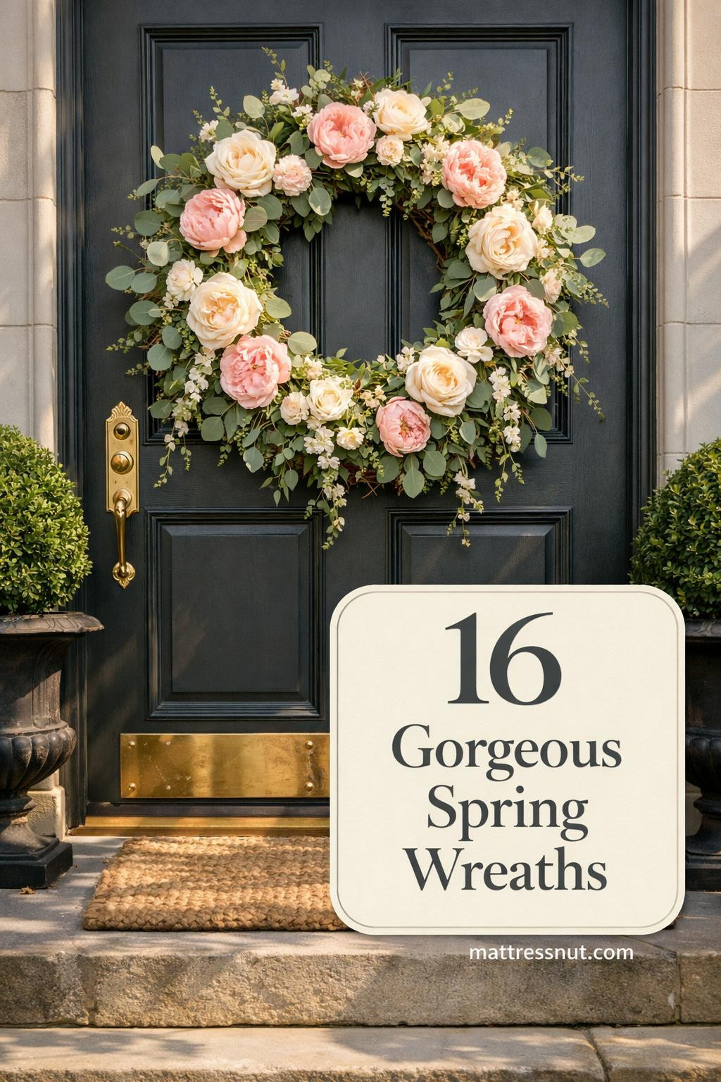 Colorful spring wreath with fresh flowers, greenery, and pastel ribbons hanging on white front door exterior