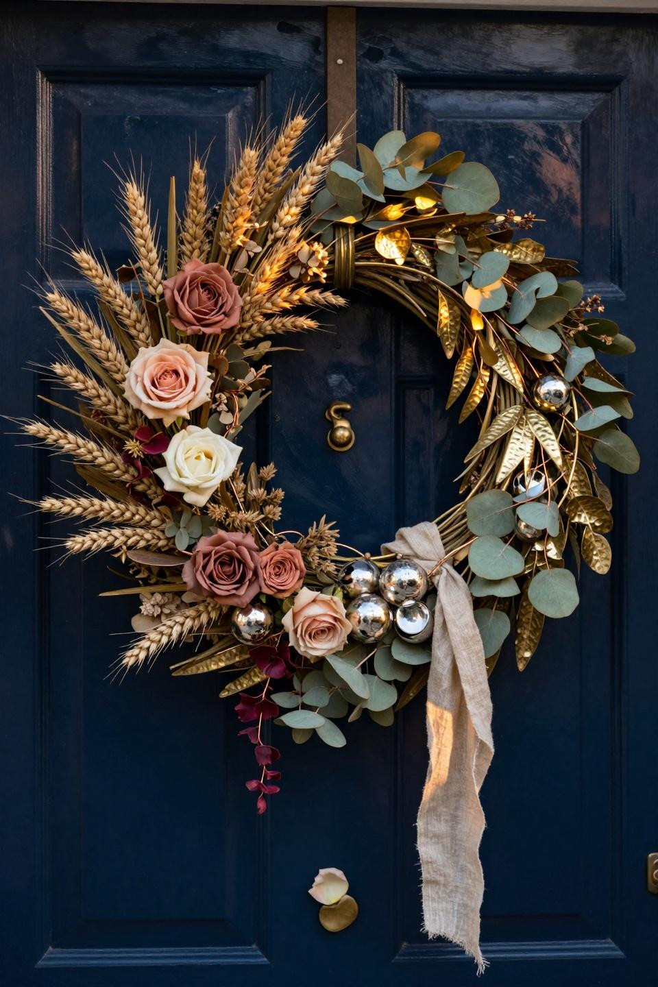 spring wreath ideas - navy door wheat and mercury glass wreath