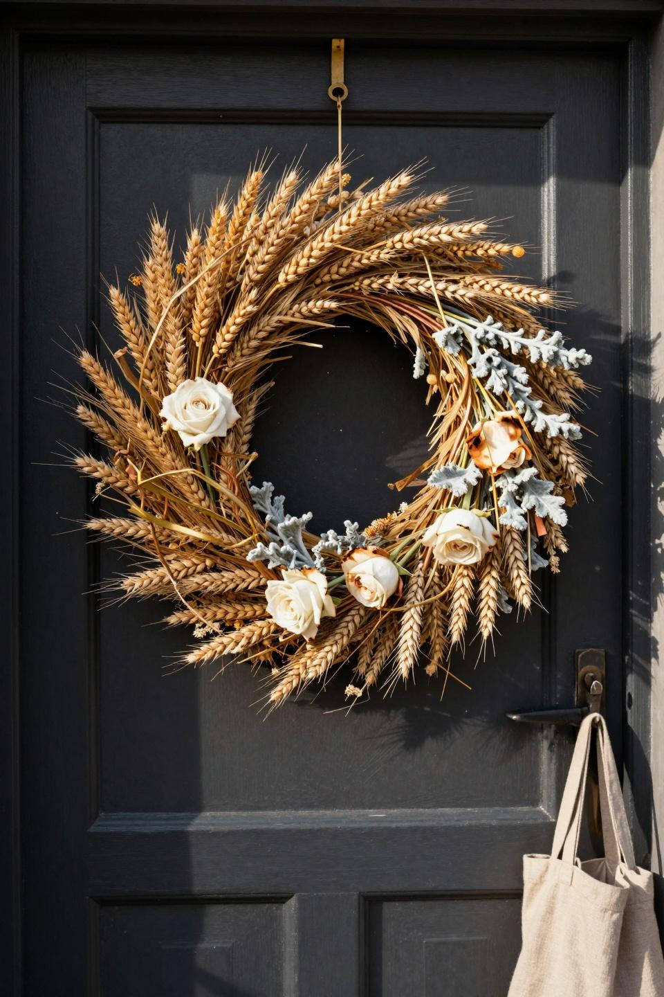 spring wreath ideas - wheat stalks and brass geometric wreath
