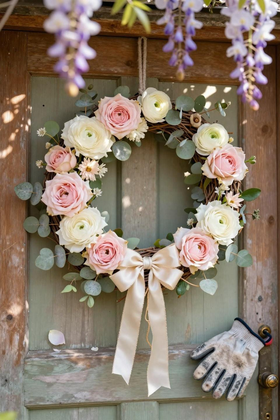 spring wreath ideas - blush roses on sage door