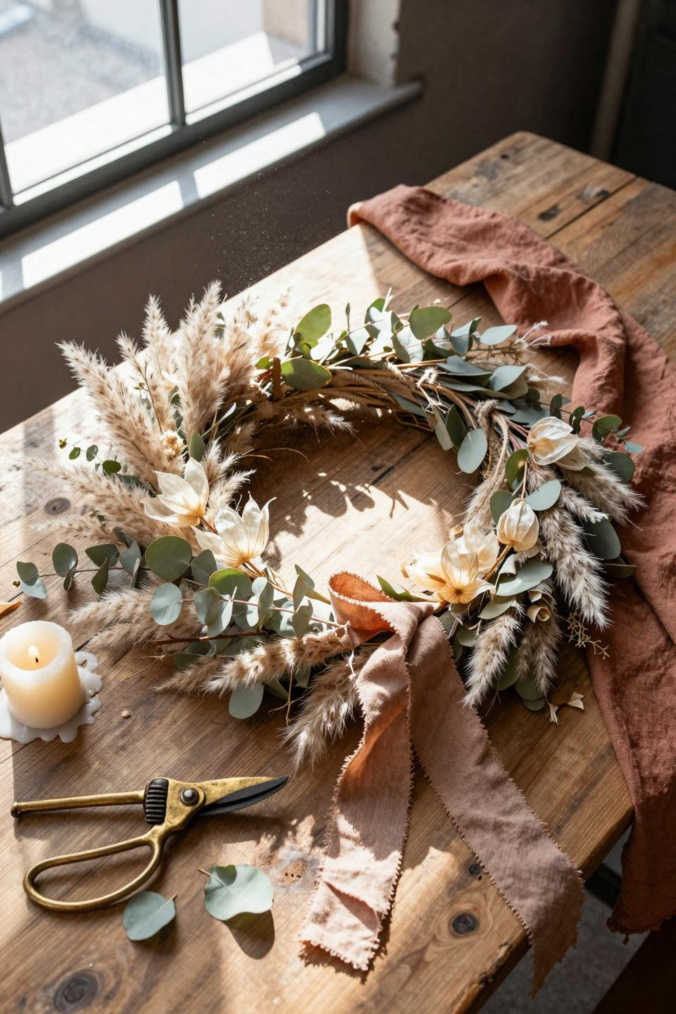 spring wreath ideas - boho pampas and linen wreath