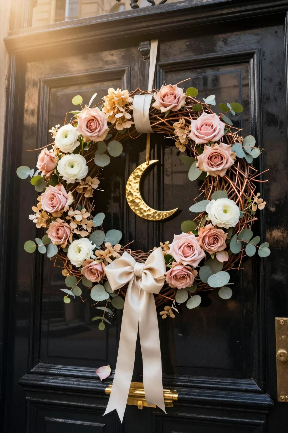 spring wreath ideas - black door with ivory rose wreath