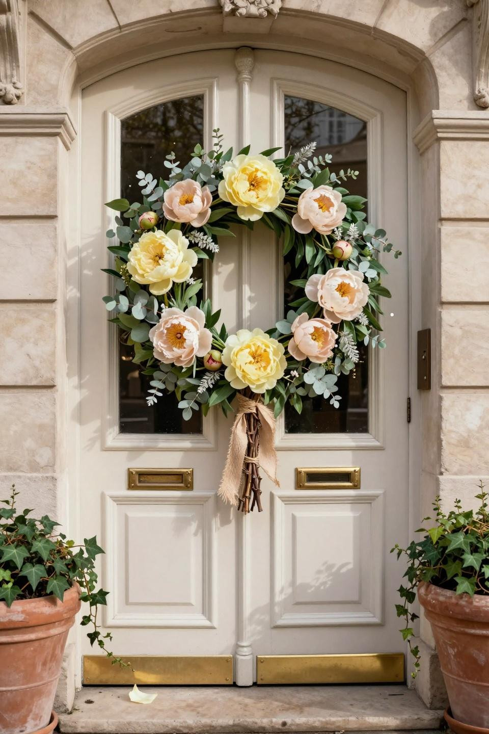 spring wreath ideas - blush peonies with eucalyptus wreath