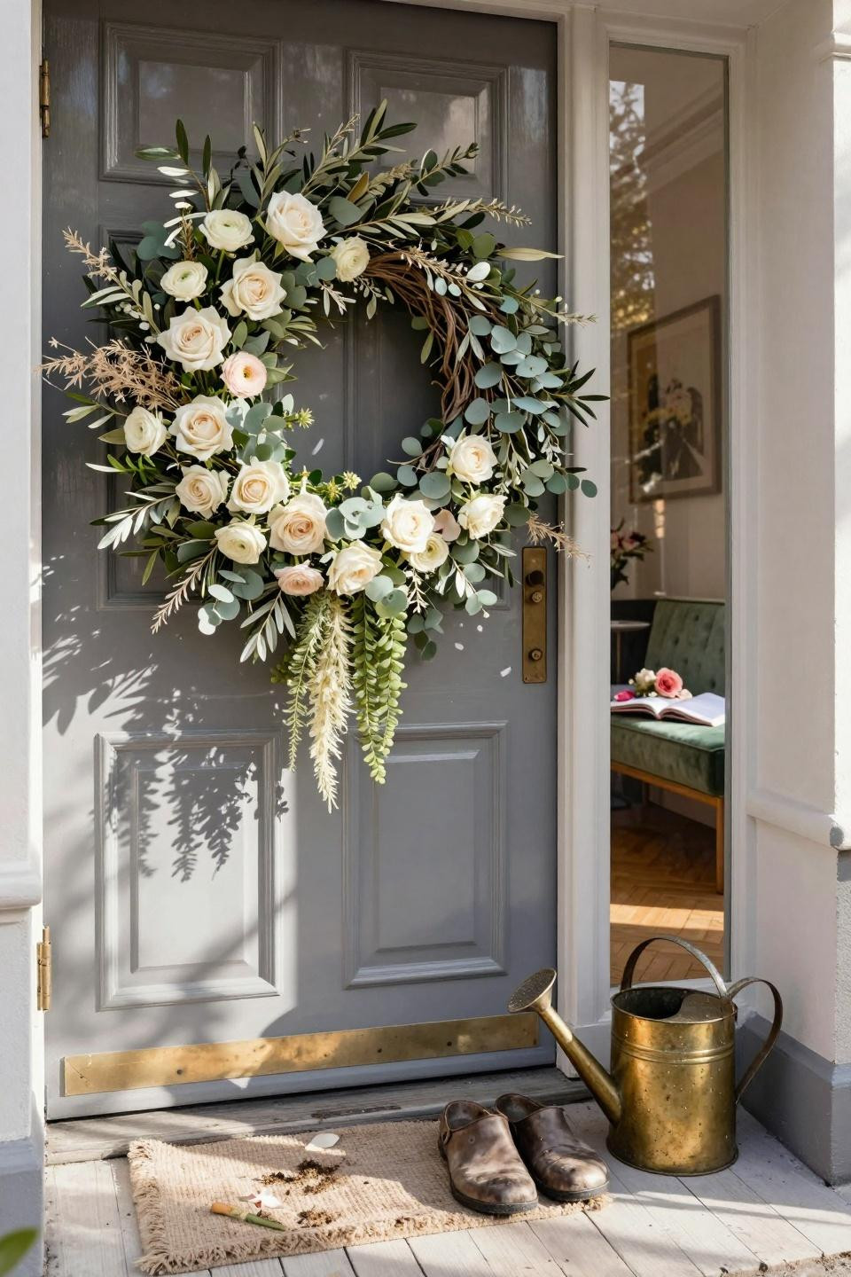 spring wreath ideas - large ivory rose and eucalyptus wreath