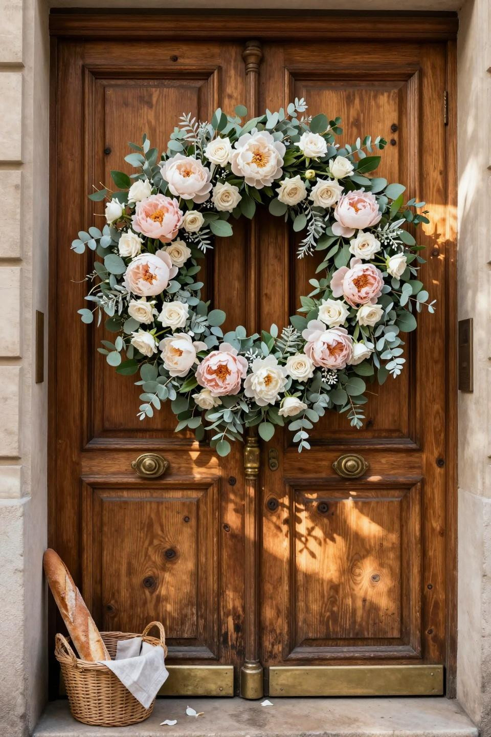 spring wreath ideas - honey oak door with ivory florals