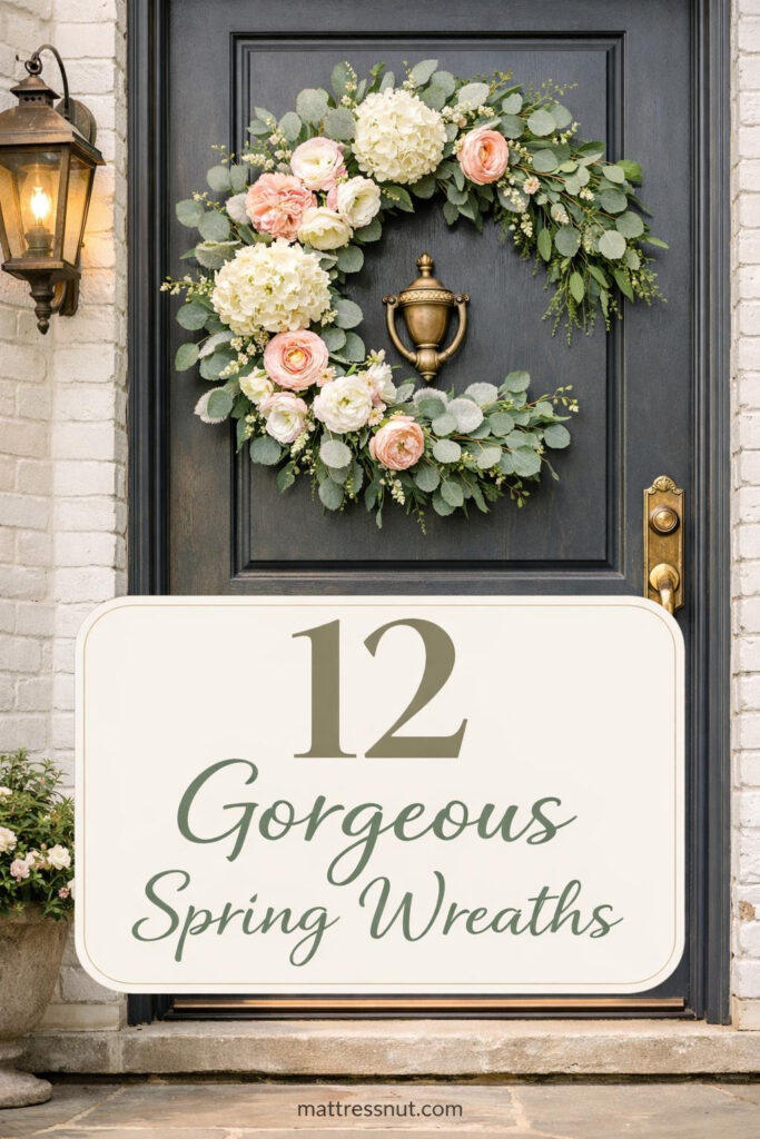 Colorful spring wreaths with fresh flowers, greenery, pastel ribbons, and natural materials arranged on wooden doors