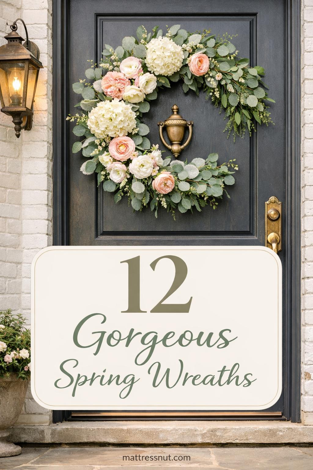 Colorful spring wreaths with fresh flowers, greenery, pastel ribbons, and natural materials arranged on wooden doors