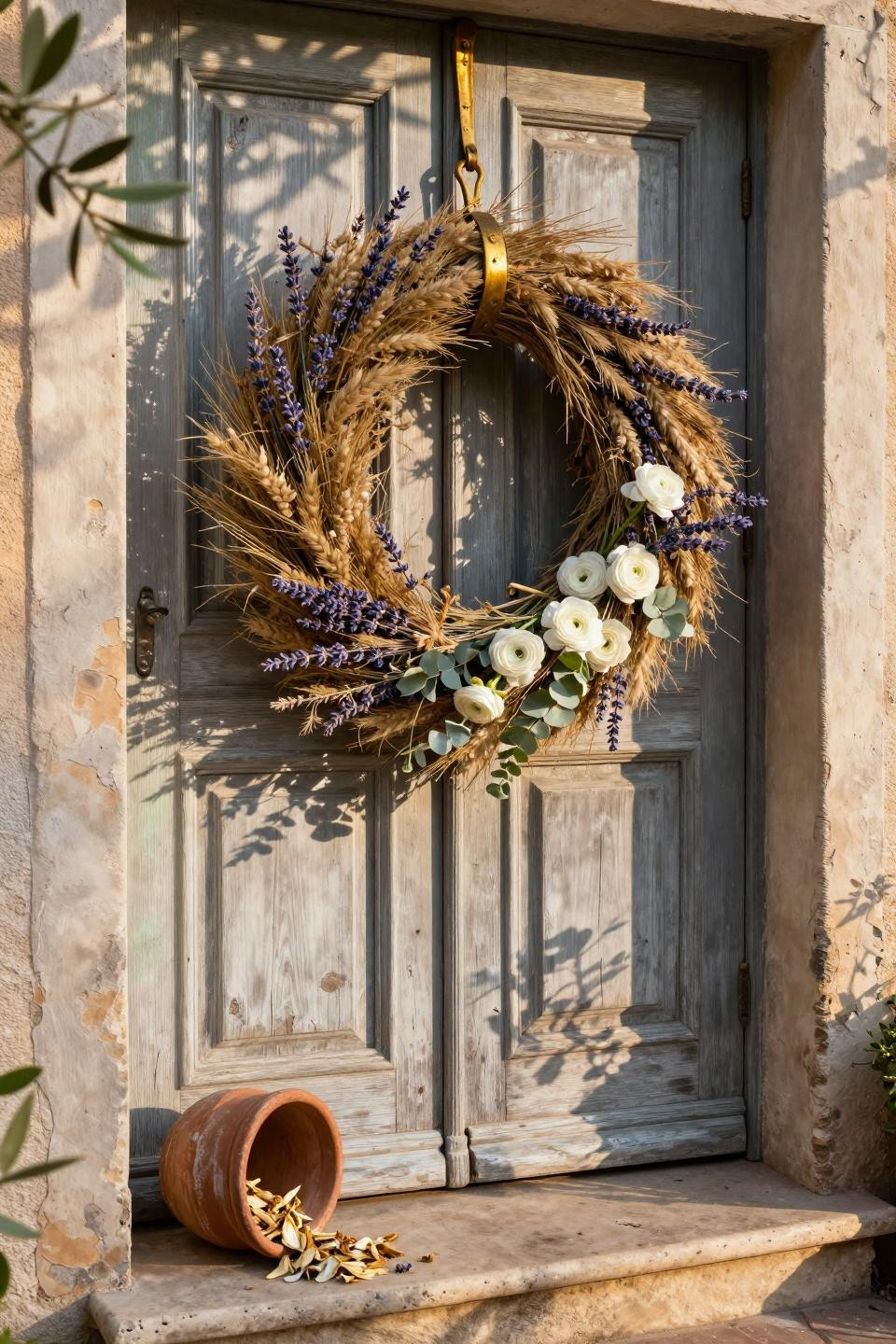 spring wreath ideas - lavender and wheat on teak door