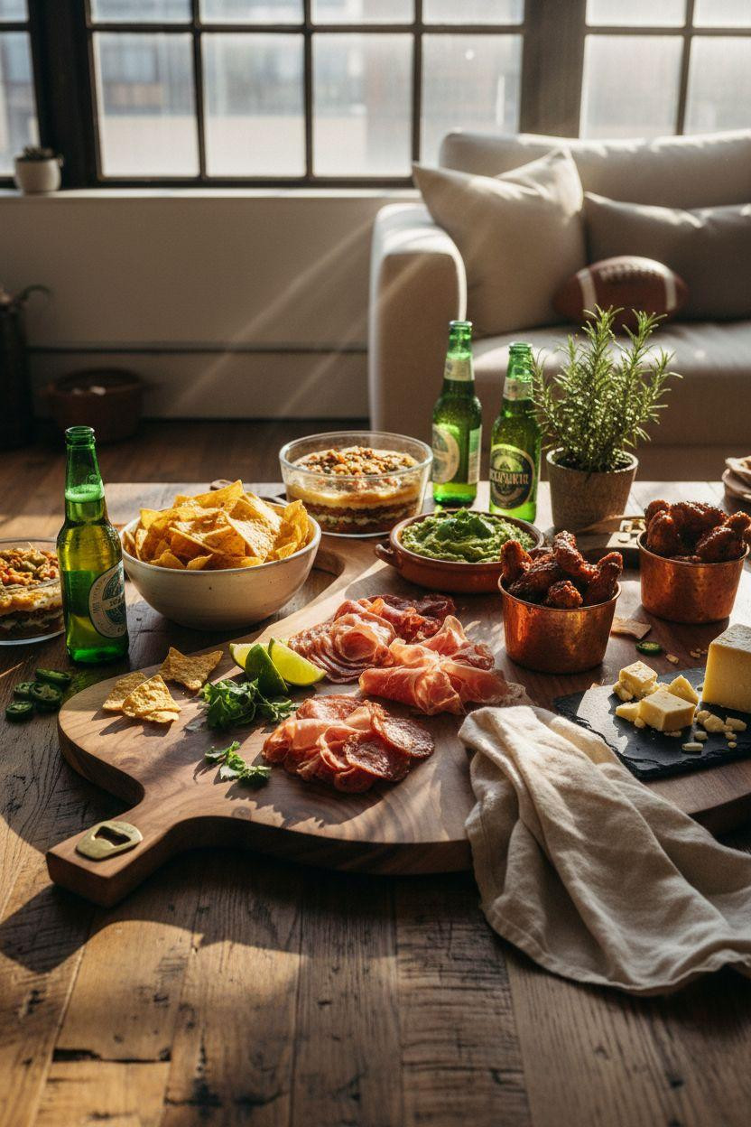 Super Bowl food - overhead walnut board snack station