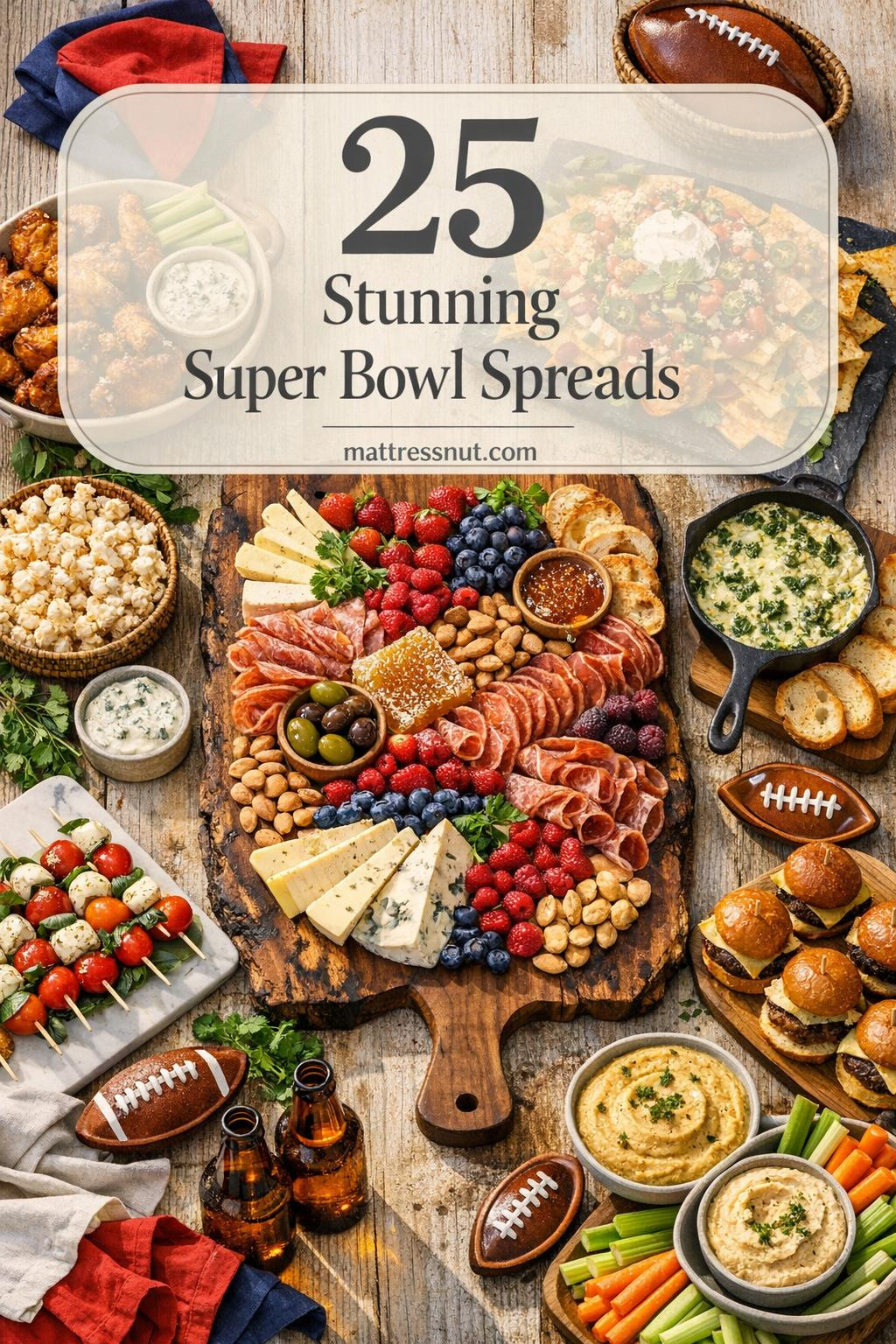 Overhead view of elegant Super Bowl party spread with charcuterie board, buffalo wings, nachos, sliders on farmhouse table