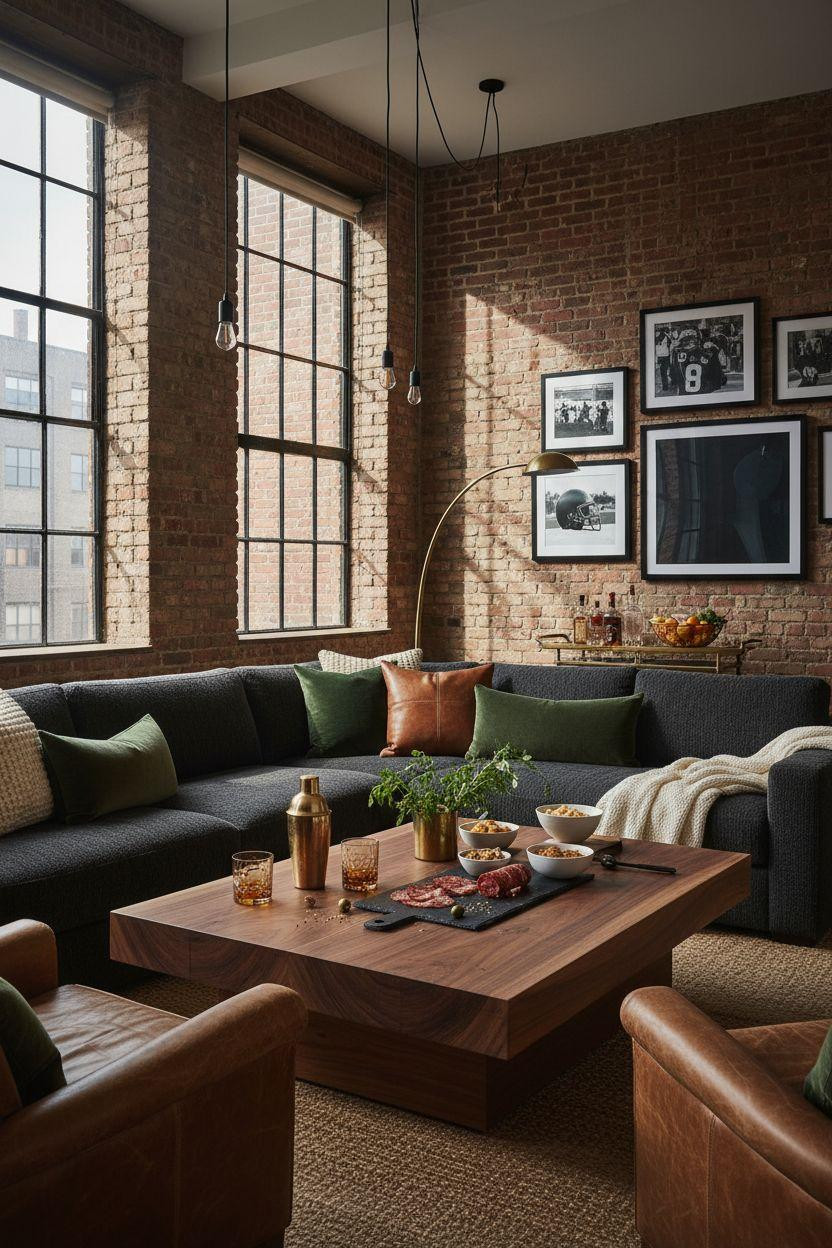 Super Bowl party decorations - charcoal bouclé sectional with vintage football prints and brass cart