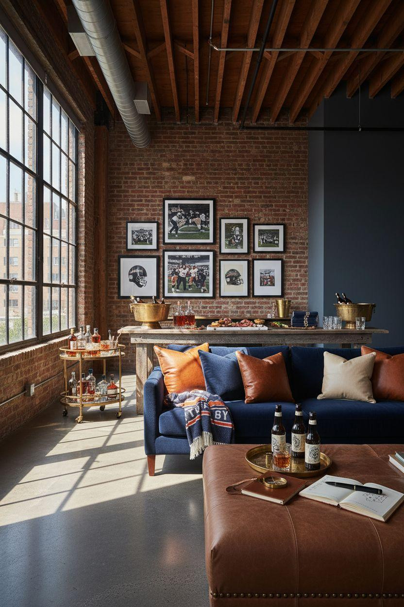 Super Bowl party decorations - open concept with reclaimed console and navy velvet sofa